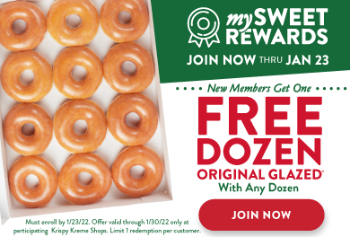 Join MySweetRewards today and get a free dozen original glazed doughnuts!
