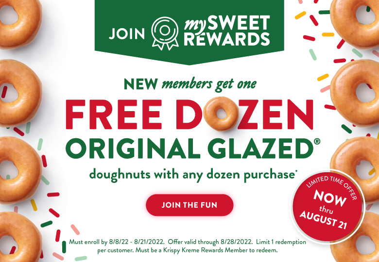 New members get one free dozen Original Glazed doughnuts with any dozen purchase!